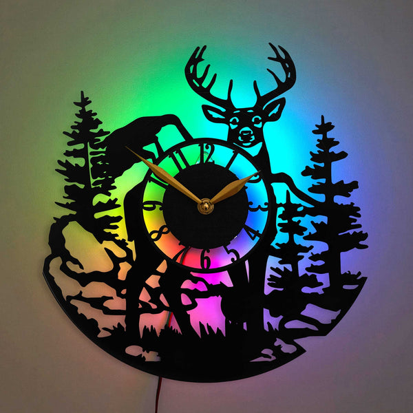 Hunting Clock, Deer Clock for Walls with Led Light, Room Decor for Log Cabin, Farmhouse, Kitchen, Stuff with Elk, Moose