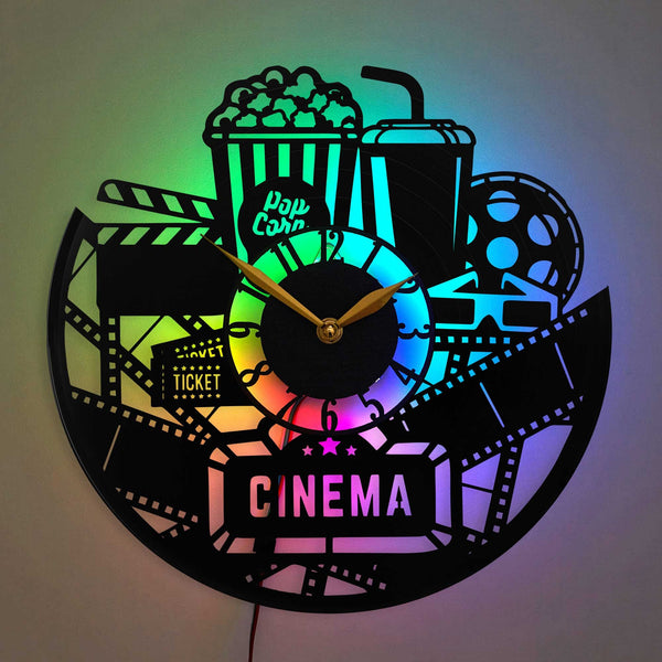 Cinema Wall Clock, Movie Theater Clock, Gift Decor, Led Lights, Movie Night Decor, Popcorn and Drink Design, Movie Lover Gift