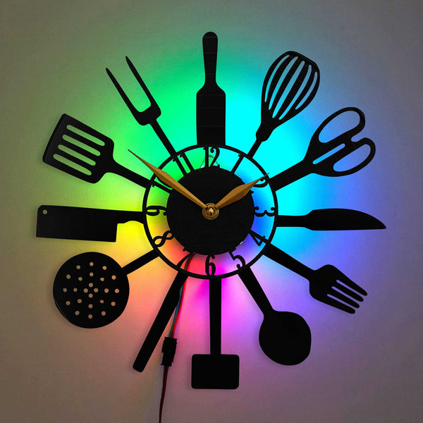 Kitchen Clock with Led Light, Decor for Modern Dining or Living Room, Home Art Wall Decorations, Fork, Spoon, Utensils and Cutlery Gifts