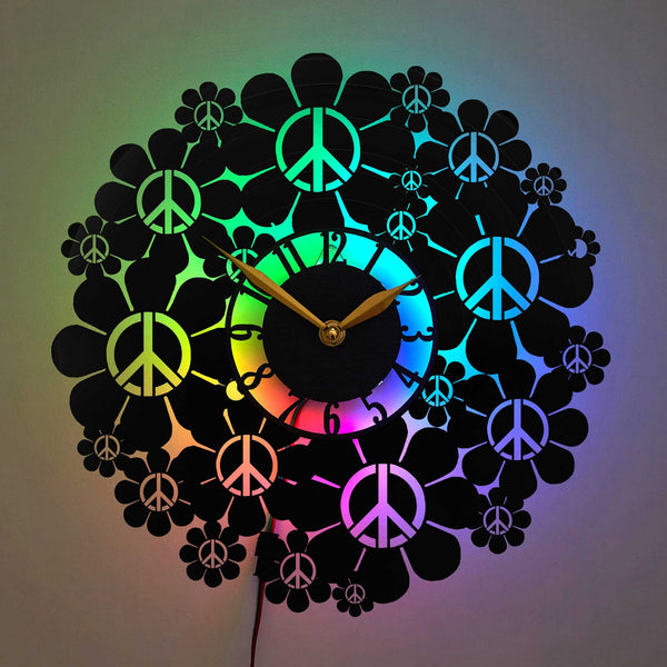 Peace Clock, Peace Wall Decor, Peace Gift, Peace Symbol Clock, Floral Design Clock, Hippie Style Clock