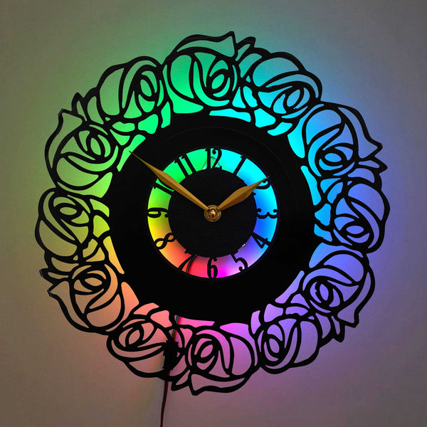 Flower Wall Clock with Led Light, Floral Wall Clocks Battery Operated, Clock with Roses, Wildflower Decor, Flower Bar Gift