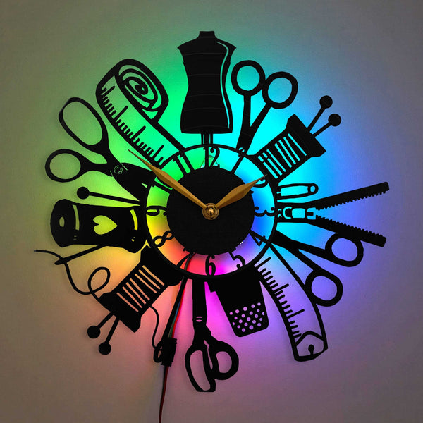 Sewing Room Clock with Led Lights, Sewing Gifts, Craft Room Decor, Quilter Gifts, Quilting Design for Crafter