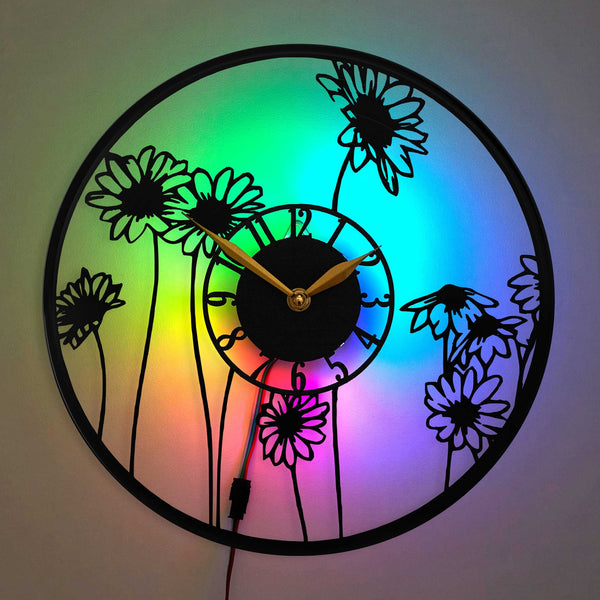 Flower Wall Clock with Led Light, Floral Wall Clocks Battery Operated, Kitchen Decor, Flower Bar Gift
