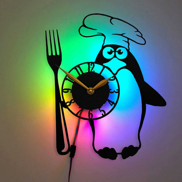 Kitchen Clock, Penguin Clock, Decor for Modern Dining or Living Room, Decorations, Utensils and Cutlery Gifts for Cooks, Bakers and Chefs