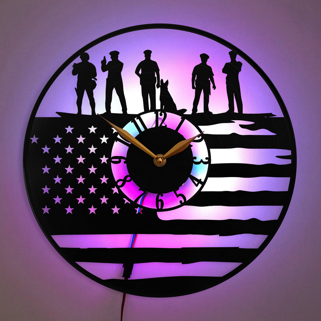Police Clock, Police Gift, Police Decor, American Flag Clock, Police Silhouette Wall Art, K-9 Officer Clock, USA Flag Police Clock, Police, American Flag, K-9