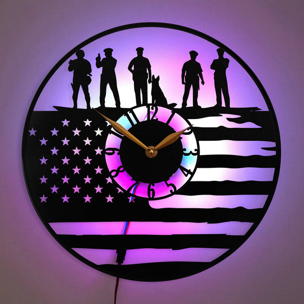 Police Clock, Police Gift, Police Decor, American Flag Clock, Police Silhouette Wall Art, K-9 Officer Clock, USA Flag Police Clock, Police, American Flag, K-9