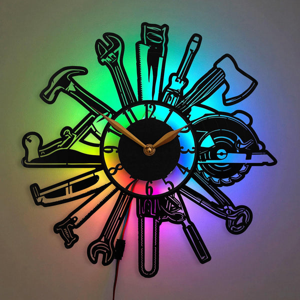 Construction Theme Wall Clock, Tool Clock, Handyman Decor, Garage Wall Clock, Carpenter Clock, Mechanic Shop Decor, Woodworker Decor