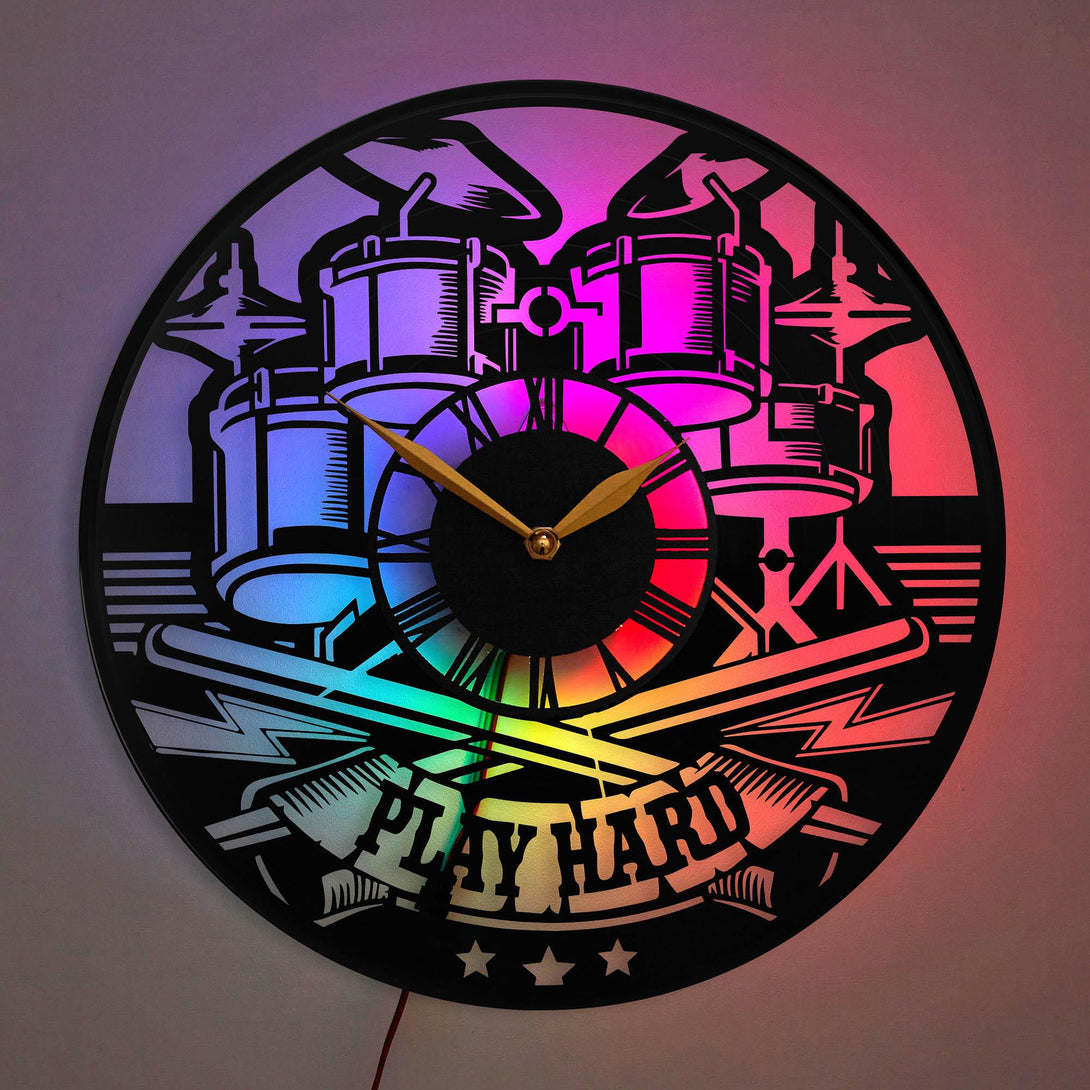 Drum Wall Clock, Drummer Wall Clock, Music Lover Clock, Play Hard Drum Clock, Play Hard Clock for Musicians, Drum, Drummer, Play Hard