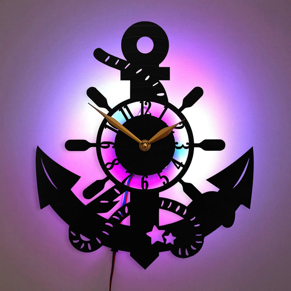Anchor Clock, Ship Wheel and Anchor Clock, Marine-Themed Clock, Seaside Wall Clock, Nautical Wall Art, Ocean Theme Clock, Anchor, Ship Wheel