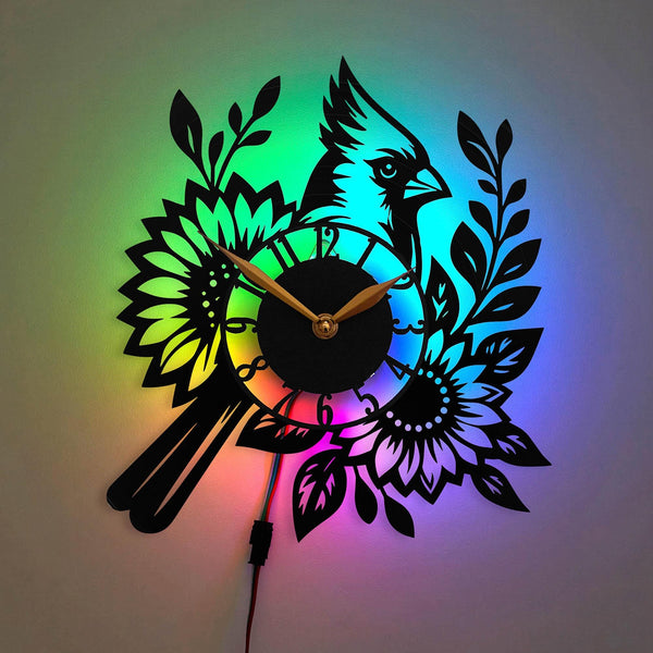 Cardinal Clock, Cardinal Bird Silhouette Clock, Floral Design, Sunflower Elements Design, Nature Inspired Decor, Nature Lover Gift