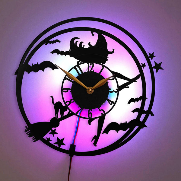 Witch wall clock, Halloween Wall Clock, Witch on Broomstick Clock, Halloween Decor Clock, Cat and Witch Clock, Witch, Cat