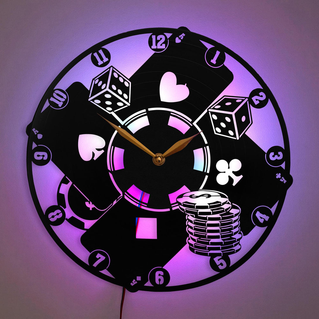 Poker Clock, Poker Decor, Casino Clock, Dice Clock, Poker Chips Clock, Card Game Decor, Casino Decor Clock, Game Room Wall Art