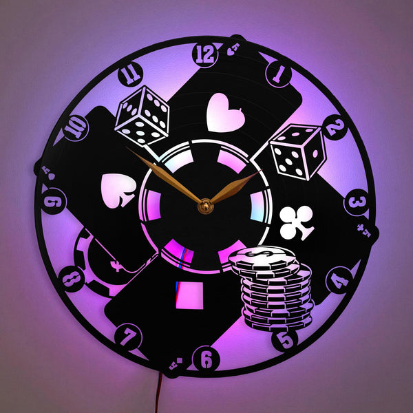 Poker Clock, Poker Decor, Casino Clock, Dice Clock, Poker Chips Clock, Card Game Decor, Casino Decor Clock, Game Room Wall Art