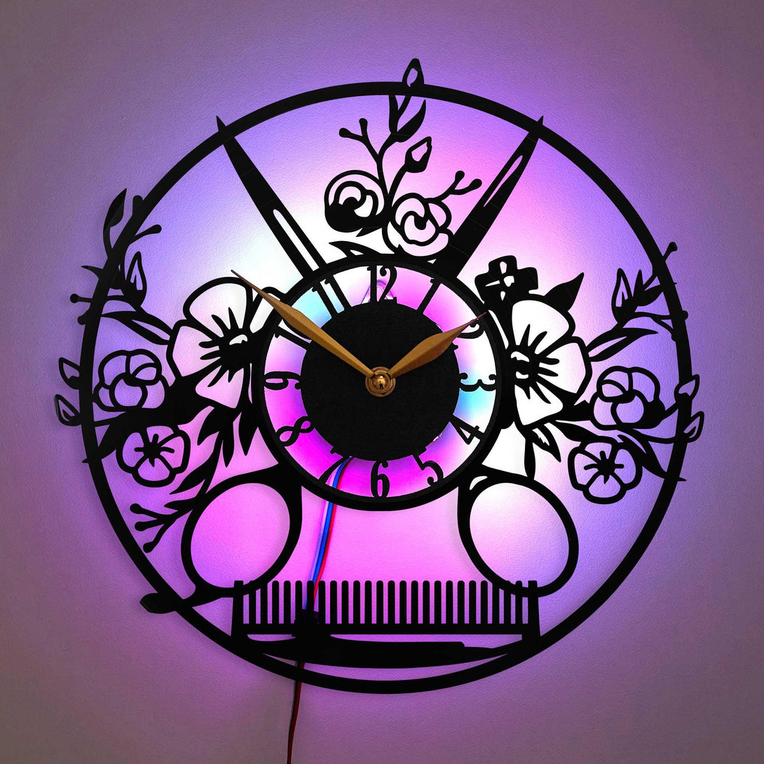 Hairdresser Wall Clock with LED, Floral Scissors Wall Clock, Barber Flower Design Clock, Hairdressing Theme Clock, Beauty Salon Decor Clock, Hairdresser, Flowers, Scissors