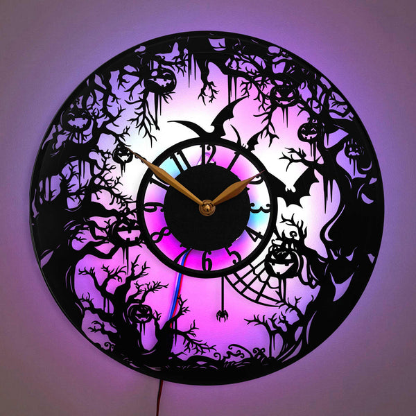 Halloween clock, Haunted Forest Clock, Spooky Tree Design Clock, Pumpkin and Bat Clock, Halloween Decor Clock, Halloween