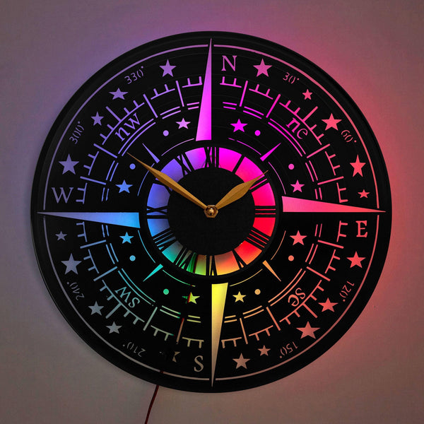 Wind Rose Clock, Compass Wall Clock, Starry Wall Clock, Travel Decor, Adventure Gift