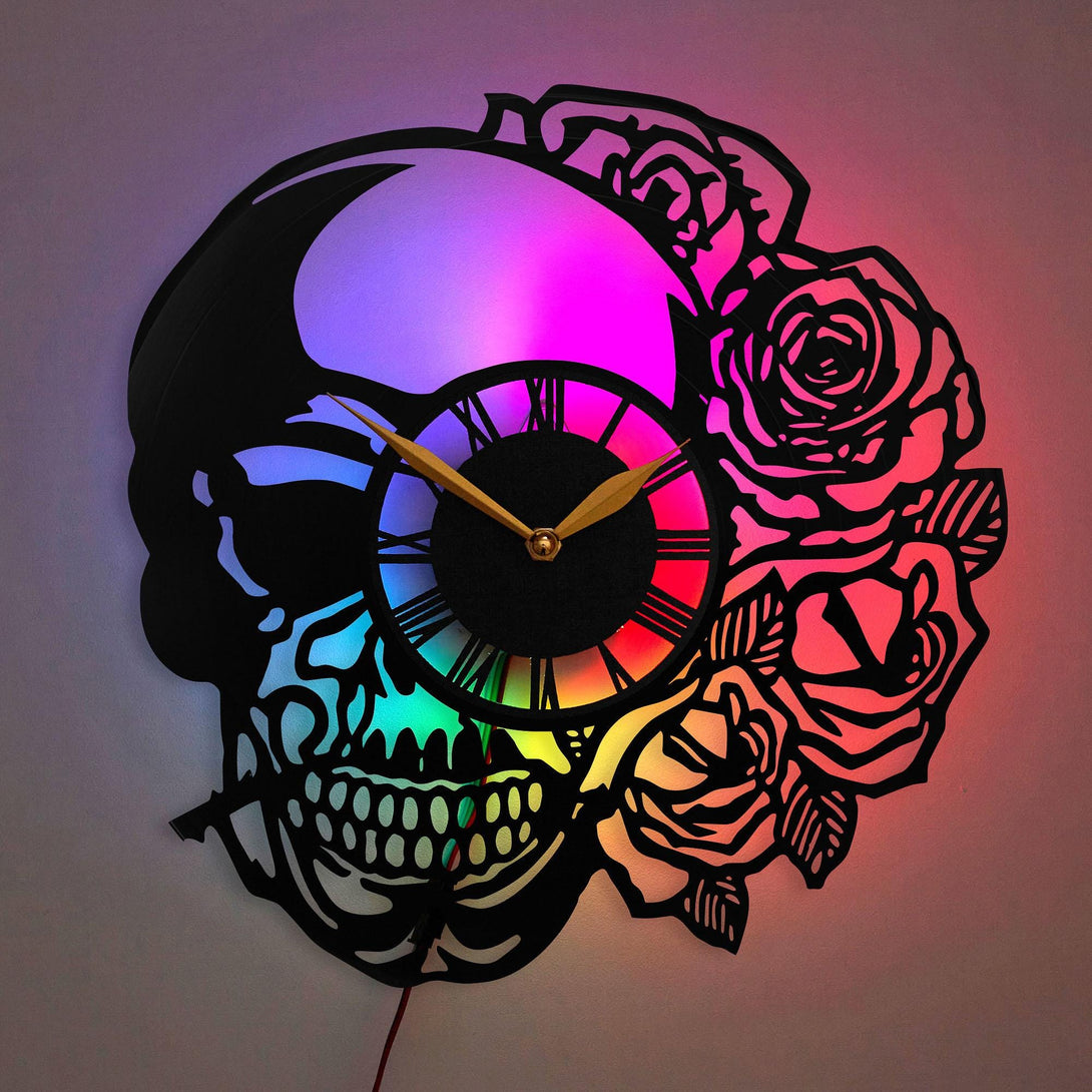 Tattoo Wall Clock, Skull Wall Clock, Skull and Roses Clock, Rock and Roll Clock, Tattoo, Skull