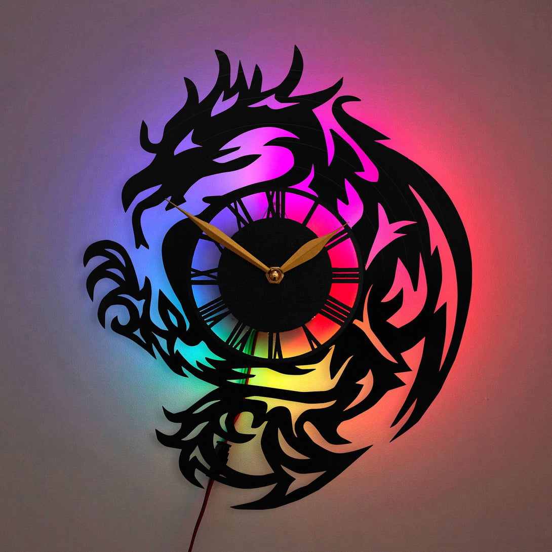 Dragon Wall Clock, Unique Dragon Gift Idea, Illuminated Dragon Clock Decor, Dragon Art Wall Clock, Creative Dragon Gift, Dragon