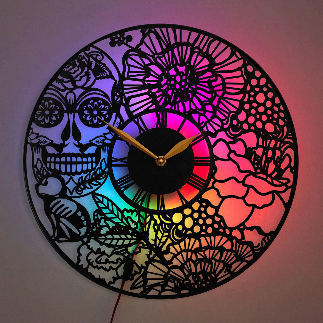 Dia de los Muerto Wall Clock, Skull Clock, Sugar Skull Clock, Floral Skull Wall Clock, Mexican Wall Clock, Mexico