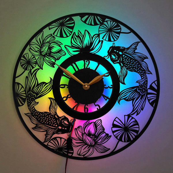 Koi Fish and Lotus LED Wall Clock, Koi Fish Clock, Lotus Flowers Clock, Water Lilies Clock, Japanese Art Design, Zen Aesthetic Clock