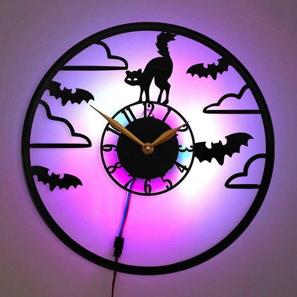 Halloween wall clock, Cat and Bats Clock, Black Cat Clock