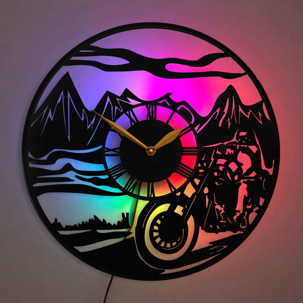 Motorcycle Wall Clock, Motorcycle Gift, Motorcycle Decor, Mountain Landscape Clock, Adventure Themed Clock, Road Trip Clock Decor, Motorcycle, Mountain Landscape