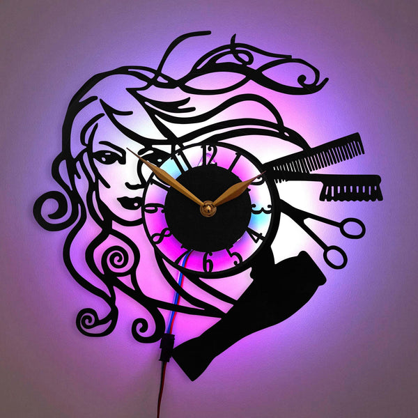 Hairstylist Wall Clock, Hairdresser Art Clock, Beauty Salon LED Clock, Hair Salon Wall Art