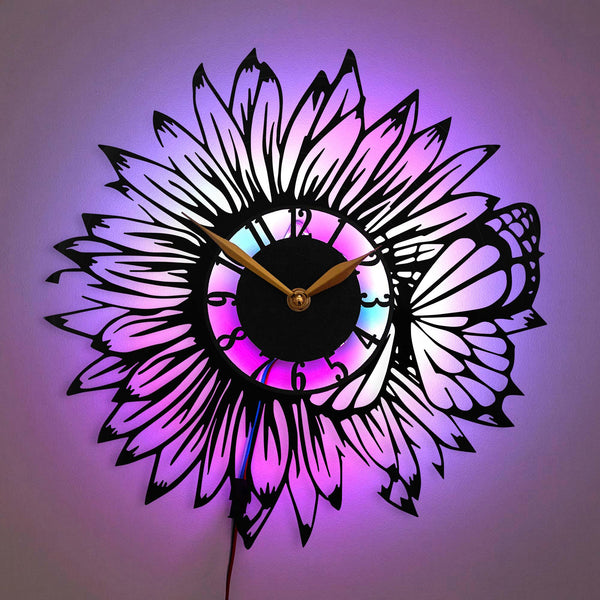 Sunflower Wall Clock, Butterfly and Flower Clock, LED Floral Clock, Nature-Inspired Wall Art, Sunflower Room Decor, Vinyl Sunflower Clock