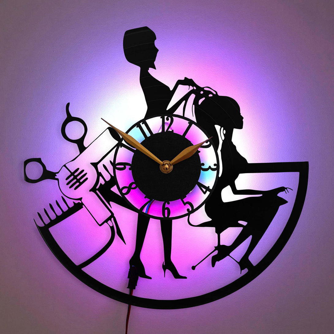 Hairdresser and Client Wall Clock, Salon LED Clock, Hair Styling Decor Clock, Beauty Salon Room Art, Hairstylist Gift Clock