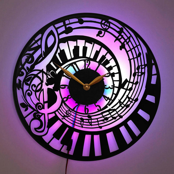 Musical Notes Wall Clock, Piano Keyboard Clock, Treble Clef and Notes Clock, LED Music Room Clock, Music Lover Decor Clock