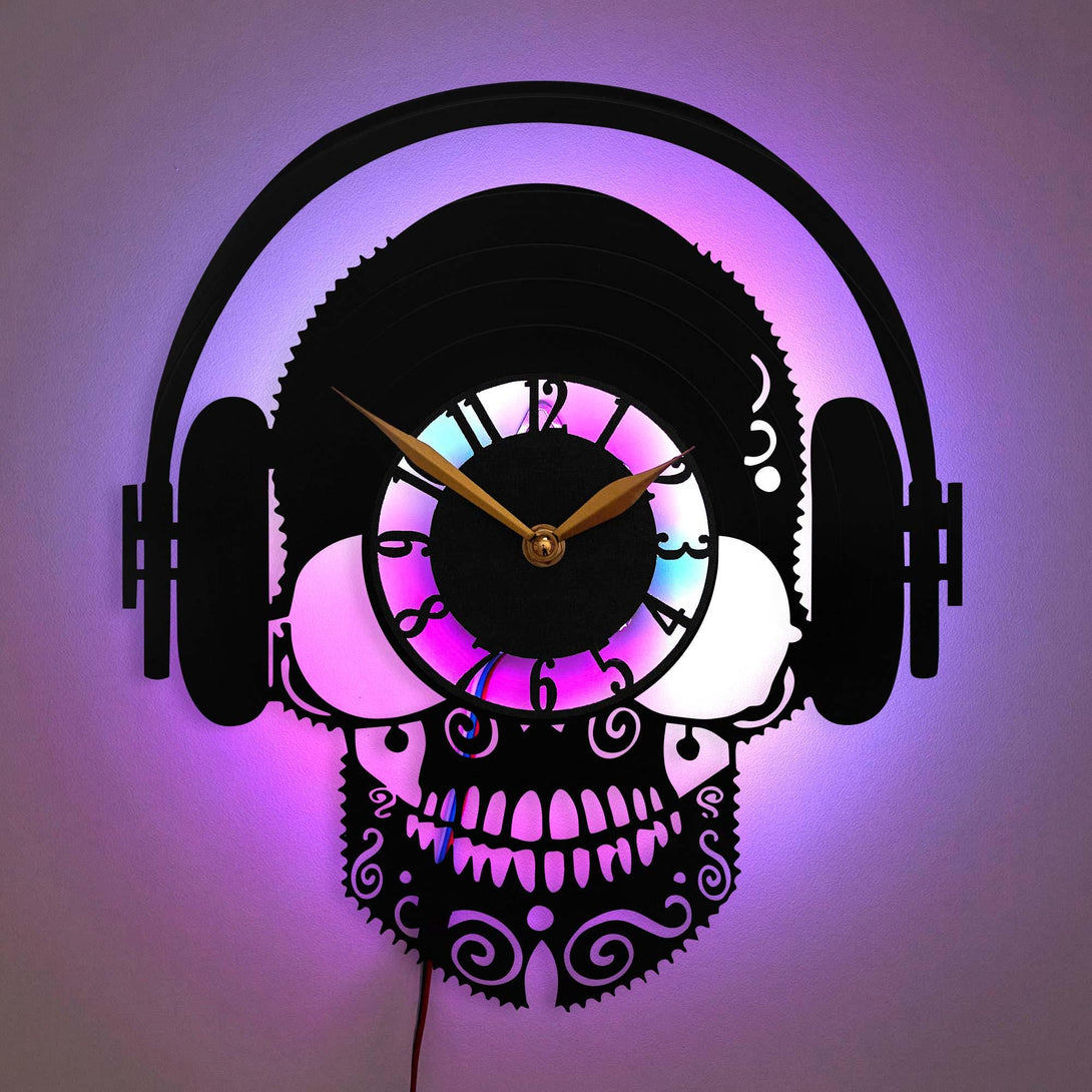 Music Lover Skull Clock, Illuminated Gothic Clock, Modern Musician Wall Clock