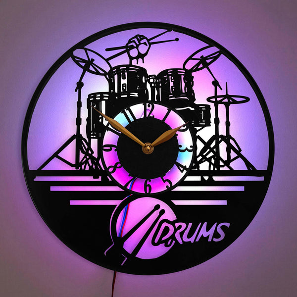 Drummer Wall Clock, Drum Set LED Clock, Musician Wall Clock, Music Studio Decor Clock