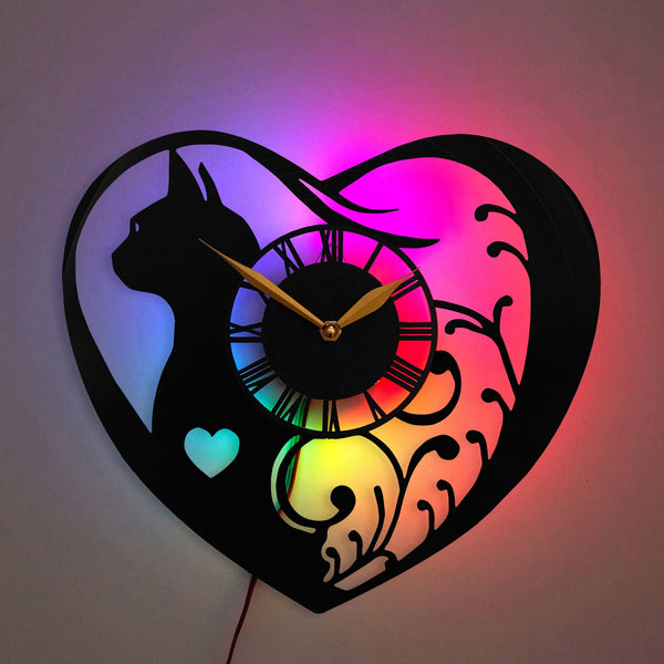 Heart-Shaped Cat Wall Clock, Cat Lover LED Decor Clock,