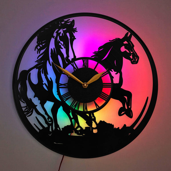 Horse Wall Clock, Equestrian LED Clock, Horse Lover Gift, Wild Horses Wall Art, Stallion Wall Clock