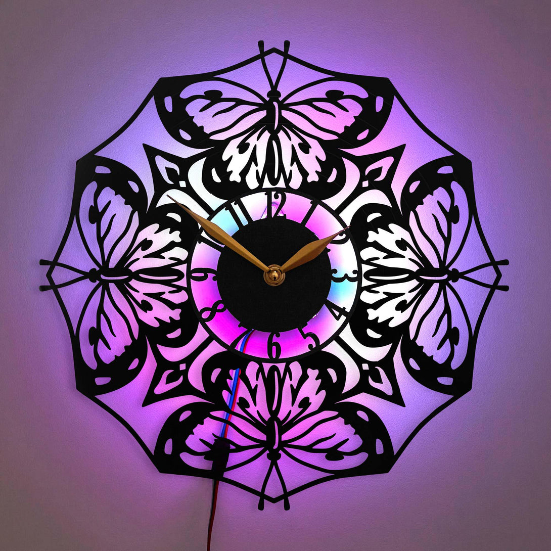 Butterfly Wall Clock, Butterfly Mandala Clock, LED Nature Decor Clock