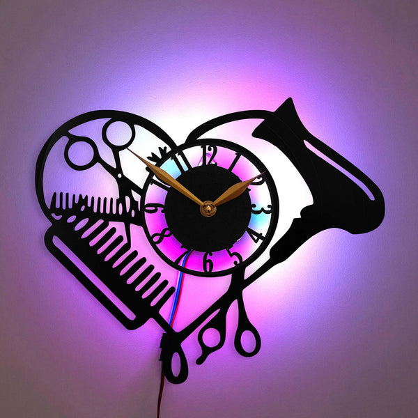 Hairdresser Wall Clock, LED Hair Stylist Decor Clock, Hairdressing Wall Art, Hairstylist Gift Clock, Salon Tools Clock