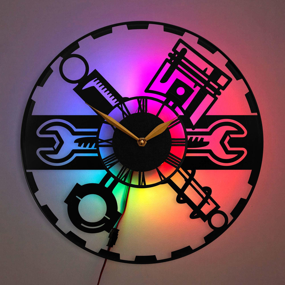 Mechanic Wall Clock, Automotive LED Clock, Car Enthusiast Gift, Workshop Wall Decor, Garage Themed Clock, Engine Tools Wall Clock