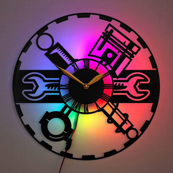 Mechanic Wall Clock, Automotive LED Clock, Car Enthusiast Gift, Workshop Wall Decor, Garage Themed Clock, Engine Tools Wall Clock